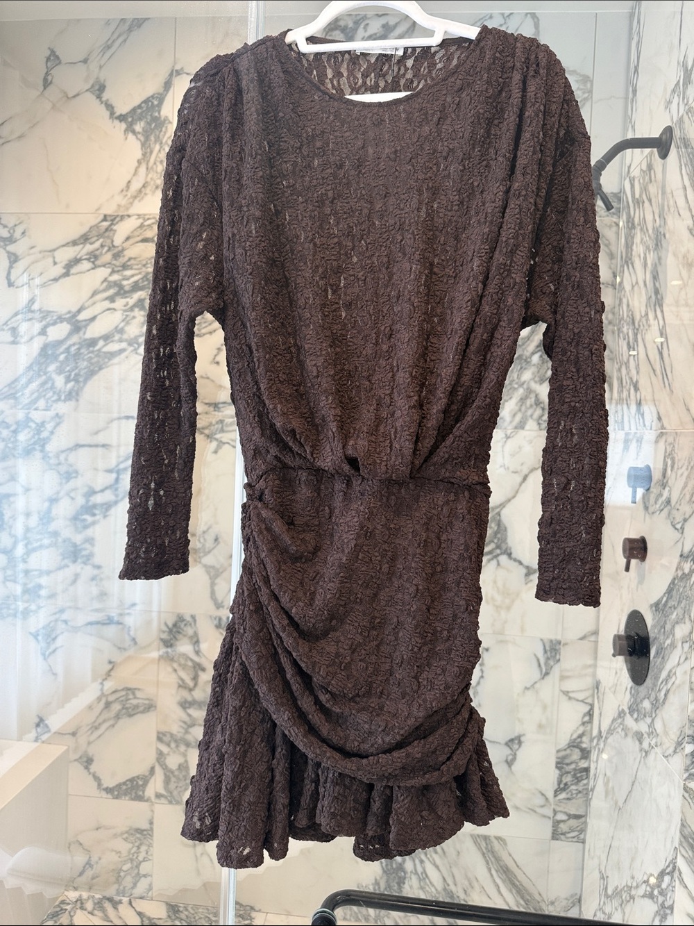 Zara Chocolate Brown Lace Ruched Long-Sleeve Dress